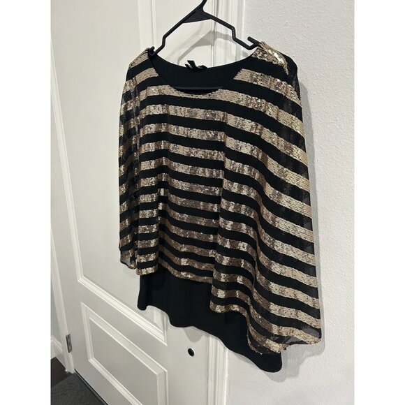 Prelude Striped Mesh Sequin Top Black Gold Sz Large Sparkle Party Night Out - Picture 3 of 10